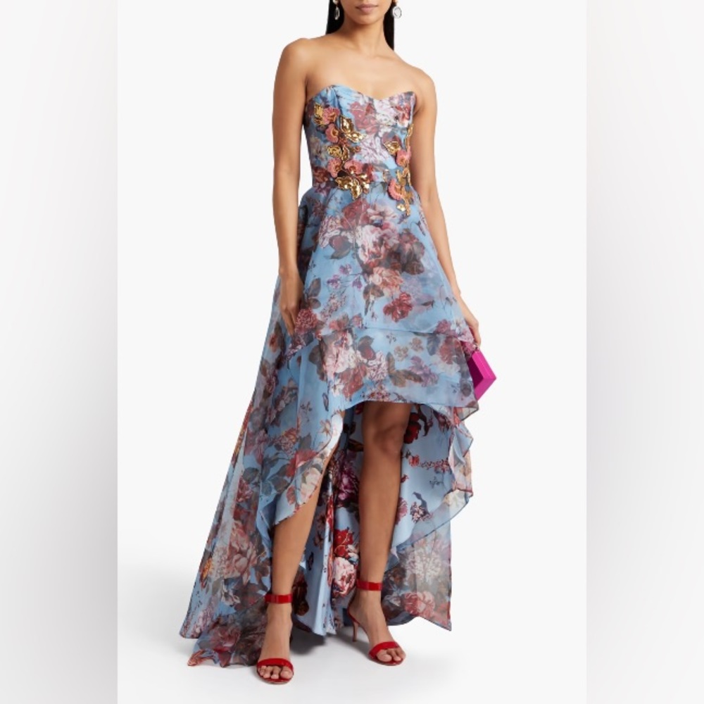 MARCHESA NOTTE Strapless Embellished Floral-print Organza Gown